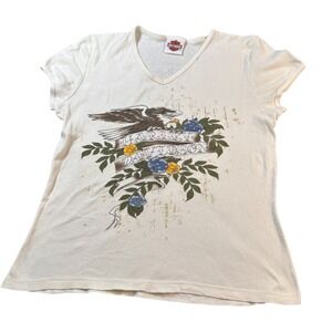 Harley Davidson Womens V Neck T Shirt Eagle Roses Graphic White Short Sleeve Top